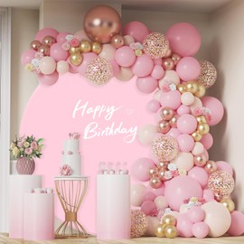 GEWONELIFE 7.2 FT Pink Round Backdrop Cover– Adjustable 5 to 7.2 ft Wrinkle-Free Polyester Circle Arch Backdrop Stand, Foldable Background for Wedding,Birthday,Baby show, Photography, Event Decoration