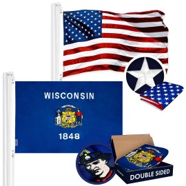UD_G128 Combo Pack: USA American Flag 3x5 Ft Embroidered Stars & Wisconsin State Flag 3x5 Ft Embroidered Double Sided 2ply