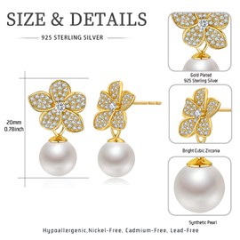 Pearl Snowflake Stud Earrings 925 Sterling Silver Pearls Snowflake Earrings Hanging Beads Stud Earrings Pearl Jewellery for Girls Women Children, Sterling Silver, Cubic Zirconia