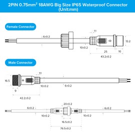 SEZO 2Pin Electrical Connector 18AWG IP65 Waterproof Male Female Connector 7.87in/20cm Extension Cable for Car,Truck,Boat,Indoor/Outdoor LED Strip Lights/String 22mm Nut Big Size 5 Pairs