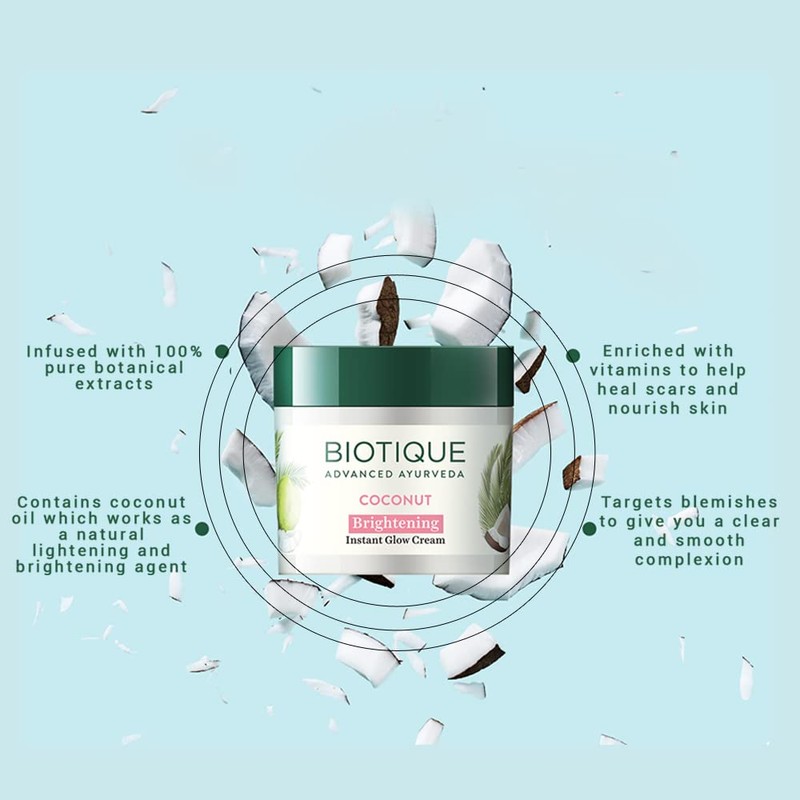Biotique Coconut Brightening Instant Glow Cream Lightweight and Non-Greasy Reduces