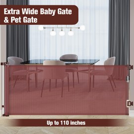 110 Inch Retractable Baby Gates Extra Wide Dog Gate for Large Openings Indoor Retractable Dog Gate Outdoor Retractable Gate Extra Long Baby Gate for Doorways Large Dog Gate for Stairs Deck Gate, Brown