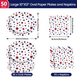 Dereinwo 50Pcs Patriotic Oval Paper Plates and Napkins -12" x 10" Large Disposable Heavy Duty Party Red Blue and White Plates and Napkins for 4th of July Independence Day Party Supplies