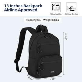 HanTrip Carry On Travel Backpack For Men Women, 13 Inch Small Mini Work Bag Personal Item Backpacks, Camping Back Pack Lightweight Hiking Daypack For Office Nurse Commuter (Black)