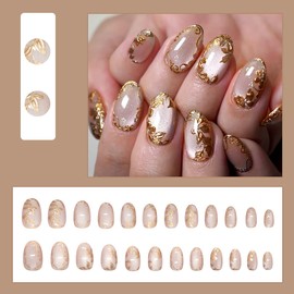 24Pcs Short Press on Nails Oval Fake Nails with Gilding Line Design Metal Glue on Nails Gold Leaves False Nails Glossy Full Cover Leaf Acrylic Nails Reusable Artificial Stick on Nails for Women Decor