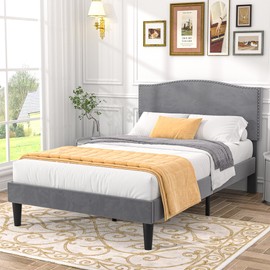 VECELO Twin Bed Frame Platform Bed Frame with Upholstered Headboard, Strong Frame and Wooden Slats Support, Strong Weight Capacity, Non-Slip and Noise-Free, Easy Assembly,Grey
