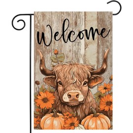 Fall Highland Cow Garden Flags 12x18 Double Sided, Welcome Fall Pumpkin Yard Flag for Outside Decor, Autumn Thanksgiving Holiday Outdoor Seasonal Decorations for Home