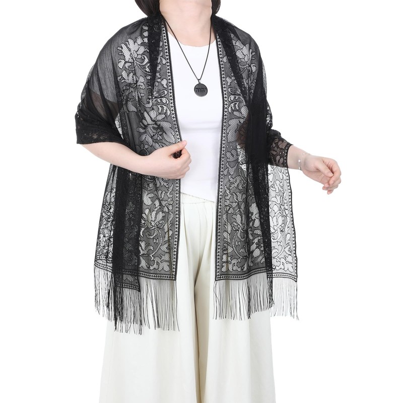 Women's Floral Lace Scarf Shawl with Tassels, Soft Mesh Fringe