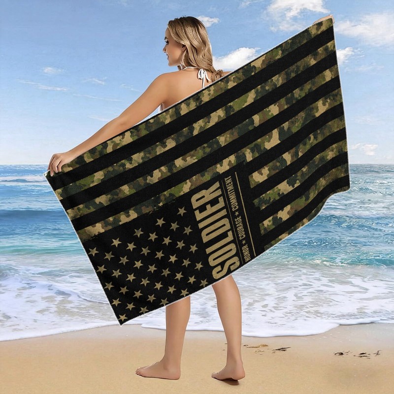 Camo USA Flag Faith Beach Towel, Large Absorbent Quick Dry