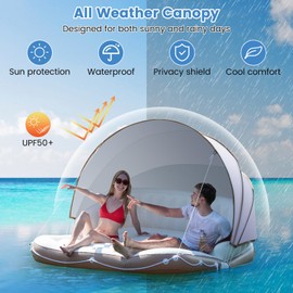 S AFSTAR Pool Float with Canopy, Inflatable Floating Island 2 Person with UPF50+ Detachable Sunshade, 2 Cup Holders, Max Load 440 Lbs, 71" x 71" Heavy Duty Pool Lounger Floats Adult for Lake, Beach