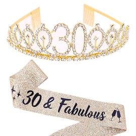 Gold Birthday Crown 30th Birthday Crystal Tiara Crown with 30 & Fabulous Birthday Sash Celebration Princess Crown Party Anniversary Party, Crystal, Rhinestones