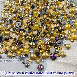 30g Half Pearl Rhinestones for Crafts Mixed Size 3mm-10mm Resin Rhinestone Half Round Flatback Pearl Rhinestones for DIY Nail Art Crafts Jewelry Decoration (Golden Black Series)