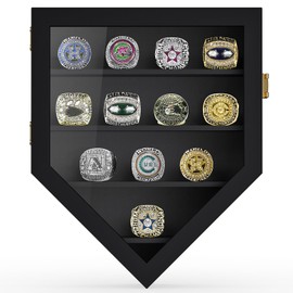 TJ.MOREE Championship Ring Display Case, 12 Ring Posts Baseball Ring Display Case, Wall Mount Wooden Glass Shadow Box with Locks to Show Sport, Class, Fraternity, and Award Rings - Black