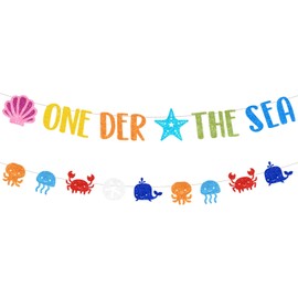 Under The Sea 1st Birthday Banner, Glitter Jellyfish Seashell Crab Starfish Garland Underwater Animal Theme First Birthday Party Decoration for Boys Girls 1 Year Old Bday Party Supplies