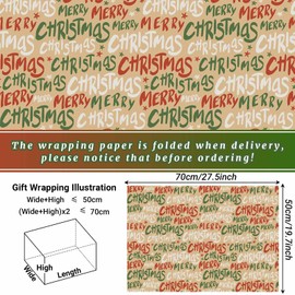 Bolsome 12 Sheets Christmas Wrapping Paper Green Red Merry Christmas Words Gift Wrap Paper for Xmas Party Winter Festivals DIY Craft, 19.7 × 27.6 Inches