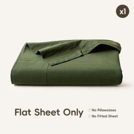 MooMee Flat Top Sheet Only 100% Washed Cotton Linen Like Textured Breathable Durable Soft Comfy (Olive Green, King)