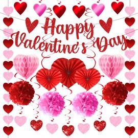 Valentines Day Decorations, Valentines Day Party Supplies with Happy Valentine's Day Banner Heart Garland Hanging swirls and Red Pink Tissue Poms, for Home Office Wedding Anniversary