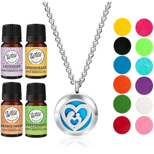 Wild Essentials Mother’s Heart Necklace Essential Oil Diffuser Kit, Lavender, Lemongrass, Peppermint, Orange Oils, 12 Refill Pads, Calming Aromatherapy Gift Set, Customizable Color Changing, Perfume