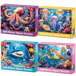 4 Pack 100 Piece Puzzles for Kids Ages 4-8, Large Piece Kids Puzzles Ages 4-6 6-8 8-10, Ocean Theme Jigsaw Puzzle Toys, Educational Family Puzzles Gifts for Boys and Girls