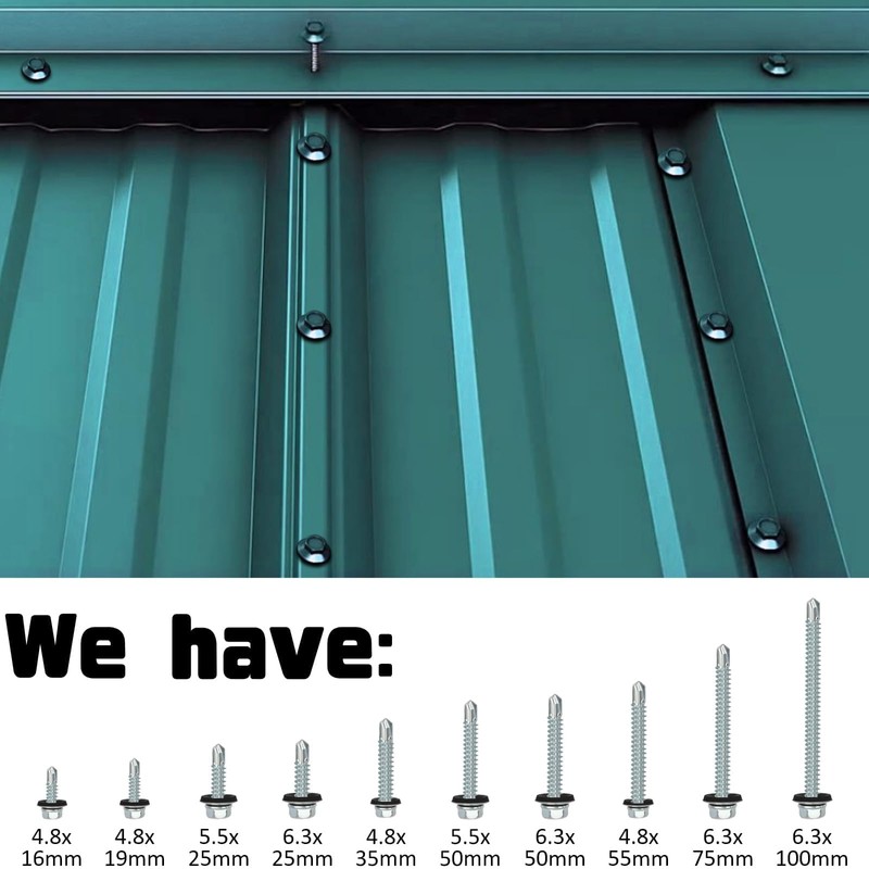60PCS Roofing Screws with Rubber Washers 6.3x75mm Hex Head Self