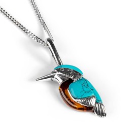 HENRYKA Kingfisher Necklace in 925 Sterling Silver, Amber and Turquoise, Bird Necklace, Bird Gifts