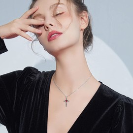 TOUPOP Garnet Cross Necklace for Women Valentines Day Gifts 925 Sterling Silver January Birthstone Cross Pendant Necklace Heart Love Jewelry for Her Girlfriend Wife Mom Anniversary Birthday Gifts