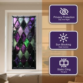 IVN Privacy Window Film Stained Glass Window Cling Purple and Green Diamond Design Decorative Static Cling Window Sticker for Bathroom Kitchen Entry Door 17.7 x 39.3 Inch