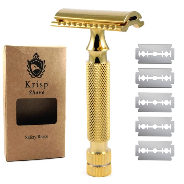 Krisp Beauty Stainless Steel (3.5" inch) Long Safety Razor for Men - Double Edge Razor - Fits All Double Edge Razor Blades - Comes With 5 Shaving Blades by Krisp Beauty