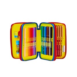 Seven Pencil Case, Pencil Case with 45 Pieces Pencils, Felt Tip Pens, Glue, Scissors, Stationery for Primary School, Painting and Writing, 3 Compartments, for Kids Boys Girls, School Gift, blue / red