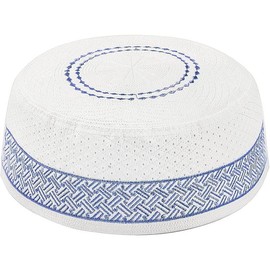 Men's Muslim Prayer Kufi Hat Skull Cap Islam Praying Beanie Caps Topi Ramadan Eid Gift - Color: White-blue, Size: Large