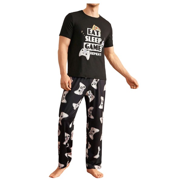 Verdusa Men's 2 Piece Summer Pajama Sets Crew Neck Graphic