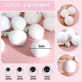 TOAOB 50pcs Large Pom Poms 2 Inch White Craft Pom Poms Fuzzy Pompoms Balls with Googly Wiggle Eyes for DIY Crafts Projects Home Decorations