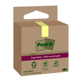 Post-it Super Sticky 100% Recycled Notes, Pack of 3 Pads, 70 Sheets per Pad, 47.6 mm x 47.6 mm, Canary Yellow - Extra Sticky Notes Made from 100% Recycled Paper
