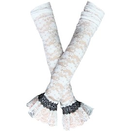 Laquest Women's Floral Lace Arm Cover Gloves, Gothic Lolita Ruffles, Cuffs, Princess Sleeves, Thimble, Air Conditioning, UV Protection (XL, White)