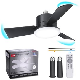 Aokvi Socket Fan Light with Remote，6 Speeds 3 Colors 3000K-6500K Socket Fan Ceiling Fan with Light，17 inch Light Bulb Ceiling Fan Small Socket for Bedroom, Kitchen, Living Room(Black)