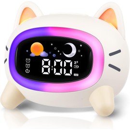 QingHong Kids Alarm Clock Wake Up Light for Kids, Toddlers Night Light Clock for Bedroom, Cat Alarm Clock with Sleep Training and Sound Machine for Boy Girls Children