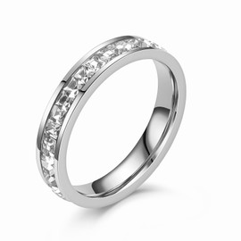 munone Channel Set Eternity Wedding Band for Women Men,14k Gold Plated Titanium Cubic Zirconia Simulated Diamond Princess Cut Stackable Non Tarnish Comfort Band Ring