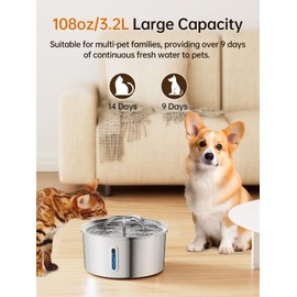 Cat Water Fountain Stainless Steel, 3.2L/108OZ Pet Water Fountain for Drinking,Automatic Metal Dog Water Fountain,Quiet Pump,Dual-Stream for Cats, Dogs,Multiple Pets Indoor with 4 Filters & 4 Sponges