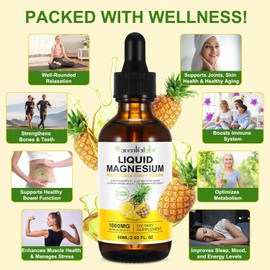 Liquid Magnesium 1000mg | Magnesium Glycinate Liquid Drops with Cellulose Fiber, Bromelain, Vitamin B6, C, D, Zinc | Supports Muscle Relaxation, Sleep, Heart Health & Stress Relief | High Absorption Formula, Non-GMO, Sugar-Free, Vegan Supplement | Pineap