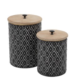 Deco 79 Metal Geometric Decorative Decorative Jars Decorative Containers with Wood Lids, Set of 2 Decorative Keepsake Boxes 11", 9"H, Black