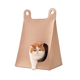 Spacious Felt Cat Cave Bed Cozy Cat Cube House for All-Season Foldable Hanging Swing Scratcher Dual Openings for Airflow & Play-Brown