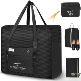 Aevcvok Foldable Travel Bag, Hand Luggage Bag with Shoe Bag and Zip Pocket, Bag Hand Luggage Aeroplane, black