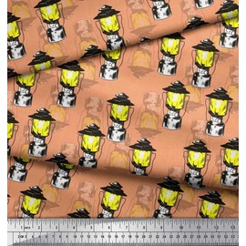 Soimoi Orange Poly Crepe Fabric Lantern Lamp Vintage Print Fabric by Yard 52 Inch Wide