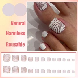 24Pcs French Tip Press on Toenails, Short Square False Toenails, Glossy White Shell Gel Fake Toe Nails, Acrylic Full Cover Spring Summer Beach Stick on Toenails for Women Girls Daily Decorations