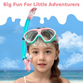 Kids Snorkel Set, Dry Top Snorkeling Gear Kids Swimming Goggles, Anti-Fog Tempered Glass Snorkel Mask with Foldable Breathing Tube, 180 Degree Full View Anti-Leak Diving Mask for Age 6-14, PinkCyan