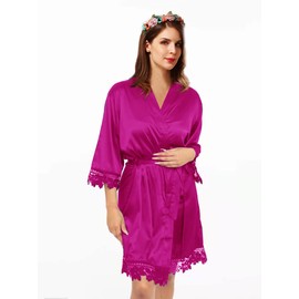 Y WJing Yi Jia Womens Kimono Robes Dressing Gown Bridal Robe Silk Robes Satin Bathrobe Nightdress Short Style Morning Robes Lace Trim Robes Size: Plus Size