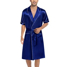SWOMOG Men's Satin Robe with Shorts Set Silky Short Sleeve Kimono Bathrobe Lightweight Soft Sleepwear