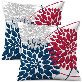 WitHero Decorative Throw Pillow Covers Set of 2 Double-Sided 18x18 inch White Linen Red Blue Silver Grey Pillow Cases Farmhouse Indoor Outdoor Modern Floral Dahlia Flowers Cushion Cover for Couch Sofa