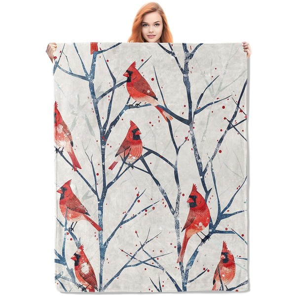 VANZEV Cardinal Bird Pattern Blanket, Winter Branches Fleece Throw with