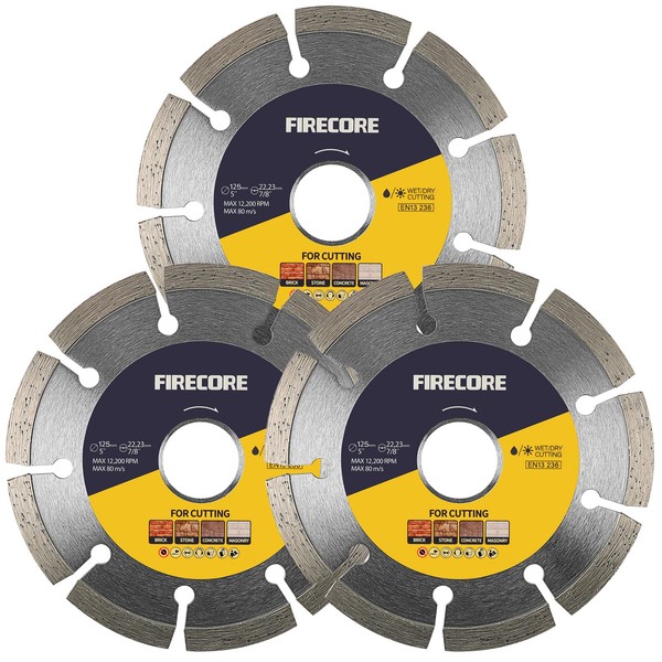 Firecore 3pcs-diamond cutting blade, 125 mm, wet and dry cutting, for cutting concrete, stone, brick and other hard materials